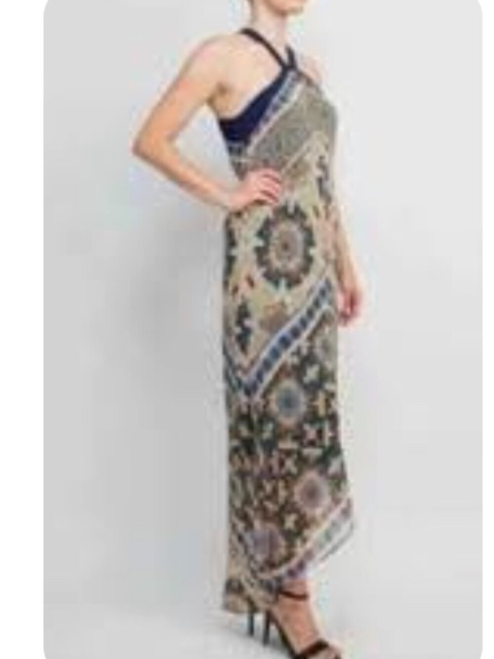 Emma & Michele Navy and Cream Boho Halter Maxi Dress Sz 12 Handkerchief - Picture 2 of 14